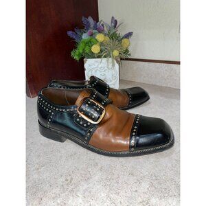 Vintage Handmade Two-Tone Leather Studded Monk Strap Dress Shoes Black & Brown